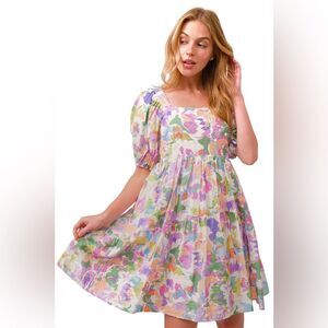 Andthewhy Womens Square Neck Puff Sleeve Tiered Floral Babydoll Dress Medium